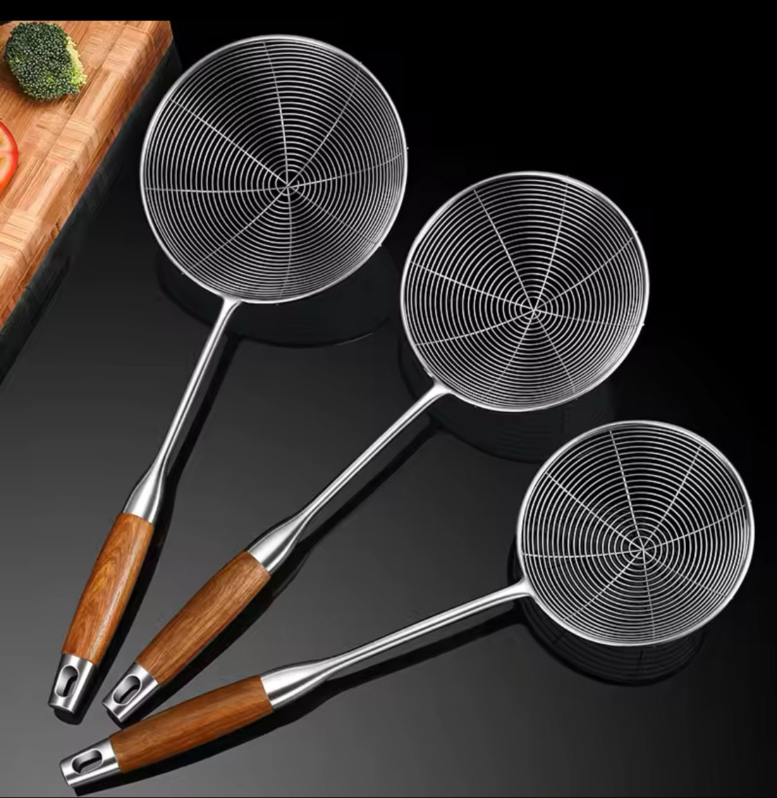 Fry Strainer With Wooden Handle, Stainless Steel Fry Strainer, Skimmer With Wood Handle, Fry Items Spatula Fry Strainer With Wooden Handle, Stainless Steel Fry Strainer, Skimmer With Wood Handle, Fry Items Spatula